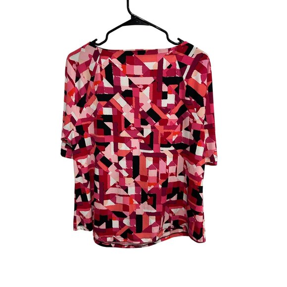 Liz Claiborne Geometric Print Blouse Pink Black Sz XL Pleated Neck Career Office - Picture 2 of 9